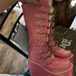 Pink Platform Buckle Boots